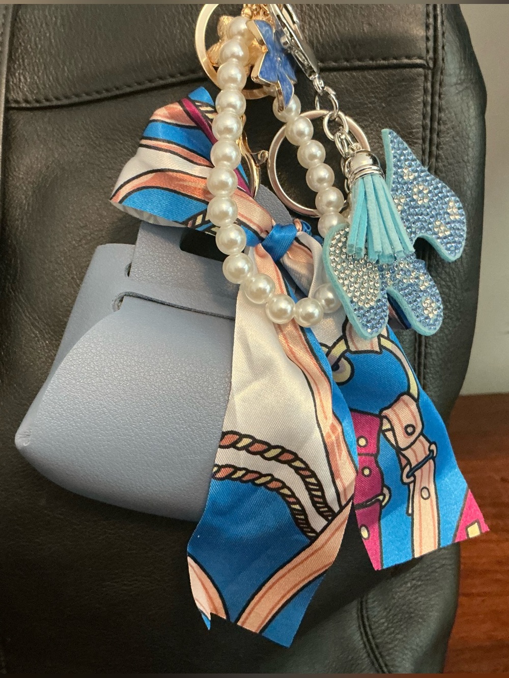 Pearl & Blue Tassel Bag Charm Keychain with Scarf Accent AirPod holder Coin Bag